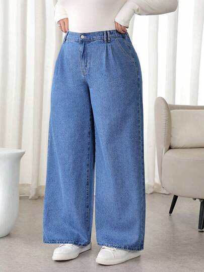 SHEIN PETITE CURVE Jeans amples à taille haute avec poches pour femmes grandes tailles, idéaux pour l'hiver, Noël, Nouvel An, Thanksgiving, les déplacements, les vacances, la remise des diplômes, le style chic Y2K, les tenues de fête, de mariage et d'affaires élégantes