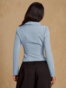 Glamine Elegant Minimalist Military Green Shirt Collar Open Front Button Down Long Sleeve Jacket For Women, Spring/Autumn Women Blouses Elegant Baby Blue Top Women Light Blue Top Business Casual Woman Top Sexy Blouses - Blue - View 7