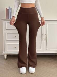 SHEIN Tall Quần dài thường ngày màu đen trơn cạp cao ôm sát dành cho nữ, phù hợp cho mùa hè và mùa thu, phiên bản cao cấp - màu nâu - Xem 5