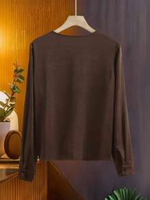 SHEIN Unity Women's Autumn New Arrival Coffee Color Lace Patchwork Loose V-Neck Long Sleeve Blouse Top,Spring, Valentine's Day, Elegant, Vacation, Casual - Brown - View 2