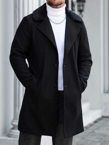 Manfinity Mode 男士加大码纯色外套，带口袋和前襟纽扣，长袖，秋季男士黑色外套，冬季男士毛领外套，黑色长款男士外套，男士长款外套，男士服装，男士商务休闲装，日常休闲，周末旅行，户外活动，探险旅行，轻松的工作环境或半正式场合，男友/丈夫礼物，周年纪念/生日礼物，派对，暑假，新年，婚礼，情人节 - 黑色 - 查看 3