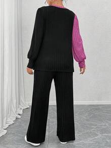 EMERY ROSE Plus Size Crew Neck Long Sleeve Soft Knit Ribbed Colorblock Asymmetrical Patchwork Top & Straight Leg Pants 2 Pieces Set,Black,Autumn,Smart Casual,Everyday - Multicolor - View 2