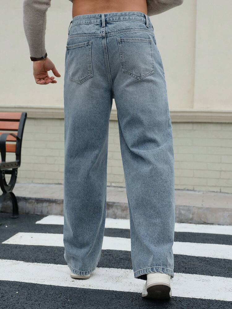 Men's Autumn Oblique Waist Button Washed Vintage Blue Jeans