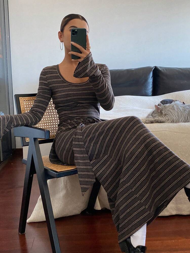 Casual Striped Color Block Midi Dress With Shawl Scarf Set, Fashion Street Style, Suitable For Autumn, Spring, New Year, Christmas, Women