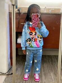 THE POWERPUFF GIRLS X SHEIN Young Girl Cute Blossom, Bubbles, Buttercup Pattern Butterfly Graphic Drop Shoulder Long Sleeve Hooded Knit Casual Sweatshirt, Blue - Blue - View 1