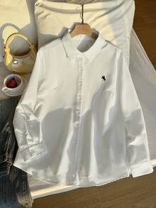 SHEIN EZwear 大码女式马术印花长袖单排扣白衬衫，春夏， - 白色 - 查看 9