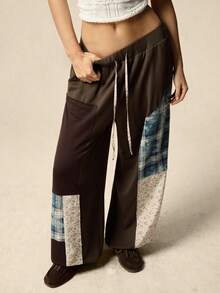 SoleilVie 女士复古拼接束口阔腿裤：小众设计，采用做旧格子和花卉印花，多色拼接工艺，中腰抽绳束口，宽松显瘦的休闲长裤 - 彩色 - 查看 5