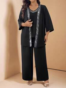SHEIN LUNE 三件套亮片拼接无袖上衣、七分袖外套和裤子，大码派对套装 - 黑色 - 查看 7