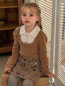 DAZY Young Girl French Peter Pan Collar Layering Sweater, Puff Sleeve 2 In 1, Autumn/Winter - Khaki - View 4