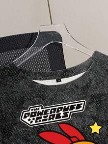 THE POWERPUFF GIRLS X SHEIN Plus Size Women Summer Casual Street Chic Cute Cartoon Letter Graphic Washed T-Shirt - White - View 4