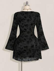 SHEIN ICON 大码女装秋季连衣裙，女式长袖连衣裙，Y2K复古植绒花卉网纱喇叭袖性感节日连衣裙，日常穿着 - 黑色 - 查看 2