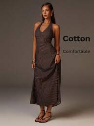 Athîral Robe maxi élégante à col ras-du-cou imprimée de pois pour femmes