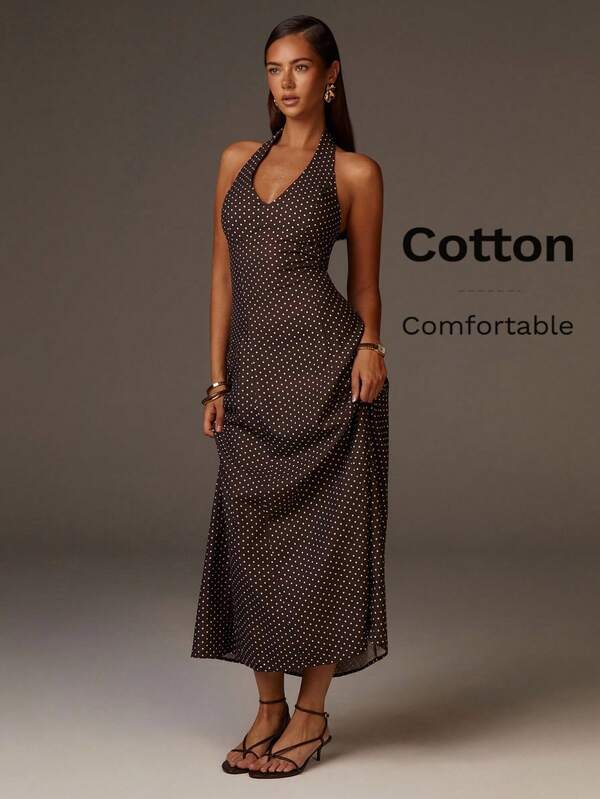Athîral Women's Polka Dot Print Elegant Maxi Halter Dress,Party Dresses For Women