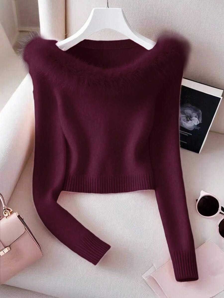 Franclia 时尚纯色拼接毛领毛衣，秋冬款 - 酒紅色 - 查看 1