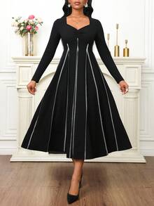 SHEIN Lady Women's Elegant Party Seam Pleated Mid-Length Dress - Black - View 8