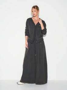 KIZN Áo nỉ cardigan tay dài cổ chữ V cài nút phía trước có chi tiết móc kim loại cỡ lớn thường ngày thu đông - Xám - Xem 3