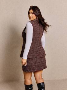 Elaquor Plus Size Women Plaid Tweed Two Piece Set,Double-Breasted Sleeveless Jacket & Mini Skirt,Burgundy,Summer,Elegant,Office,Back-To-School Blazer Vest Set - Coffee Brown - View 2