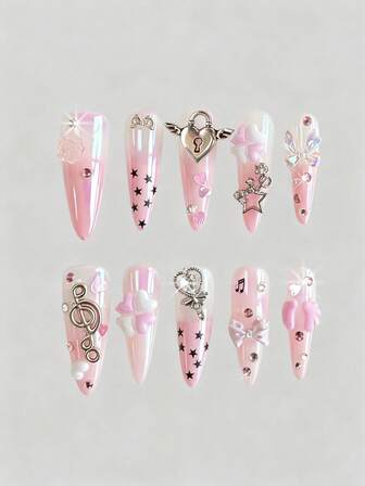 Anime 10 pezzi Unghie finte di alta qualità con fiocco carino, nota musicale, elemento a stella, realizzate a mano + 3 pezzi di adesivo biadesivo, Adesivi per arte di unghie rimovibili con catena di strass stile francese Y2K a pois, adatti per vacanze, feste, ballo e uso quotidiano