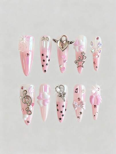 Anime 10 pezzi Unghie finte di alta qualità con fiocco carino, nota musicale, elemento a stella, realizzate a mano + 3 pezzi di adesivo biadesivo, Adesivi per arte di unghie rimovibili con catena di strass stile francese Y2K a pois, adatti per vacanze, feste, ballo e uso quotidiano