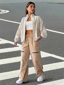 Muchica Zip Up Drop Shoulder Jacket In Fall/Winter - Beige - View 3