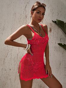 Swim Vcay 女士纯色镂空设计无袖罩衫连衣裙，度假款 - 紅色 - 查看 5