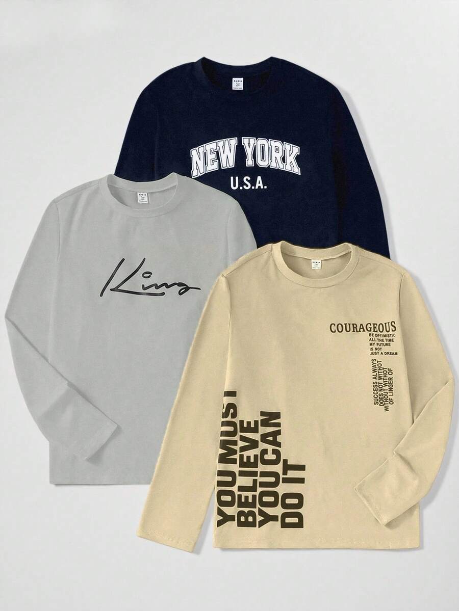 Vacaura 3件套青少年男童休闲字母印花圆领长袖T恤，适合休闲、街头、通勤、秋冬季叠穿 - 彩色 - 查看 1