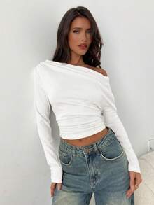 Aloruh Women's Casual Asymmetric T-Shirt, Twist Knot Solid Color T-Shirt For Daily Commute And Home Wear, Long Sleeve Knit T-Shirt With Floral Mesh - White - View 4