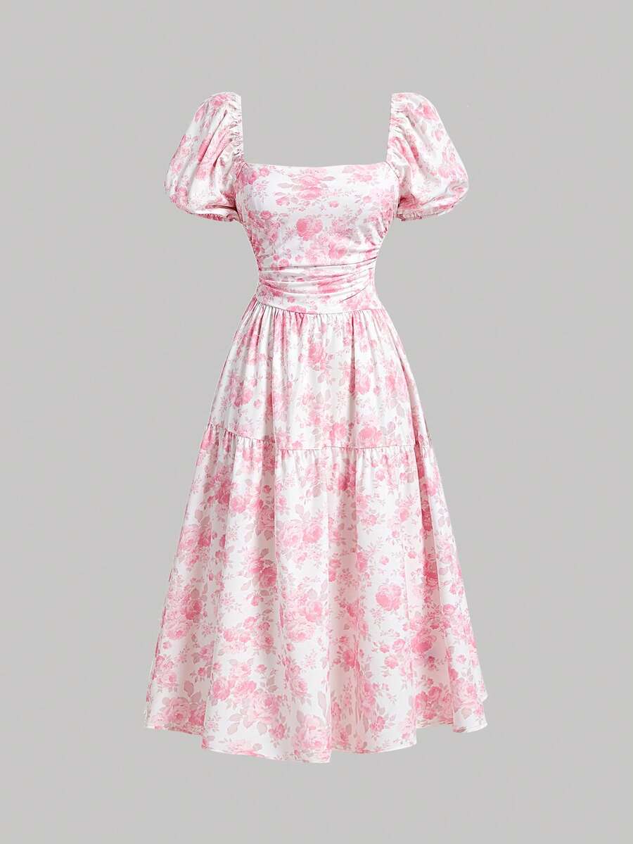 SHEIN MOD 粉色和白色印花花卉不对称，夏季假日女士长裙，派对，挤奶女工