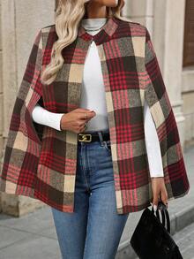 EMERY ROSE 女士格子披肩袖优雅宽松羊毛大衣，秋冬款 - 棕色 - 查看 6