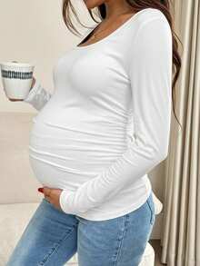 SHEIN 孕妇纯色简约长袖T恤，日常孕妇装 - 淺粉色 - 查看 9