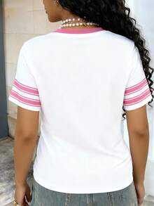 Camiseta casual versátil de mujer con cuello redondo y estampado de lema numérico - Multicolor - Ver 2
