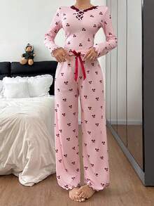 SHEIN Cherry Blossom Print Lace Trim Long Sleeve Pajama Set - Pink - View 3