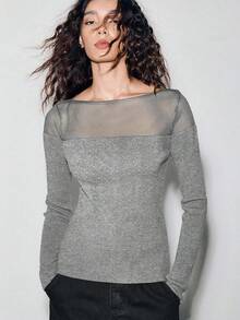 Lumivelle 女士优雅时尚简约百搭修身欧根纱半透明露肩毛衣，秋冬款 - 灰色 - 查看 7