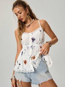 Freevana Áo hai dây nữ in hoa, cài cúc phía trước, phong cách mùa hè boho lãng mạn đồng quê. - trắng - Xem 2