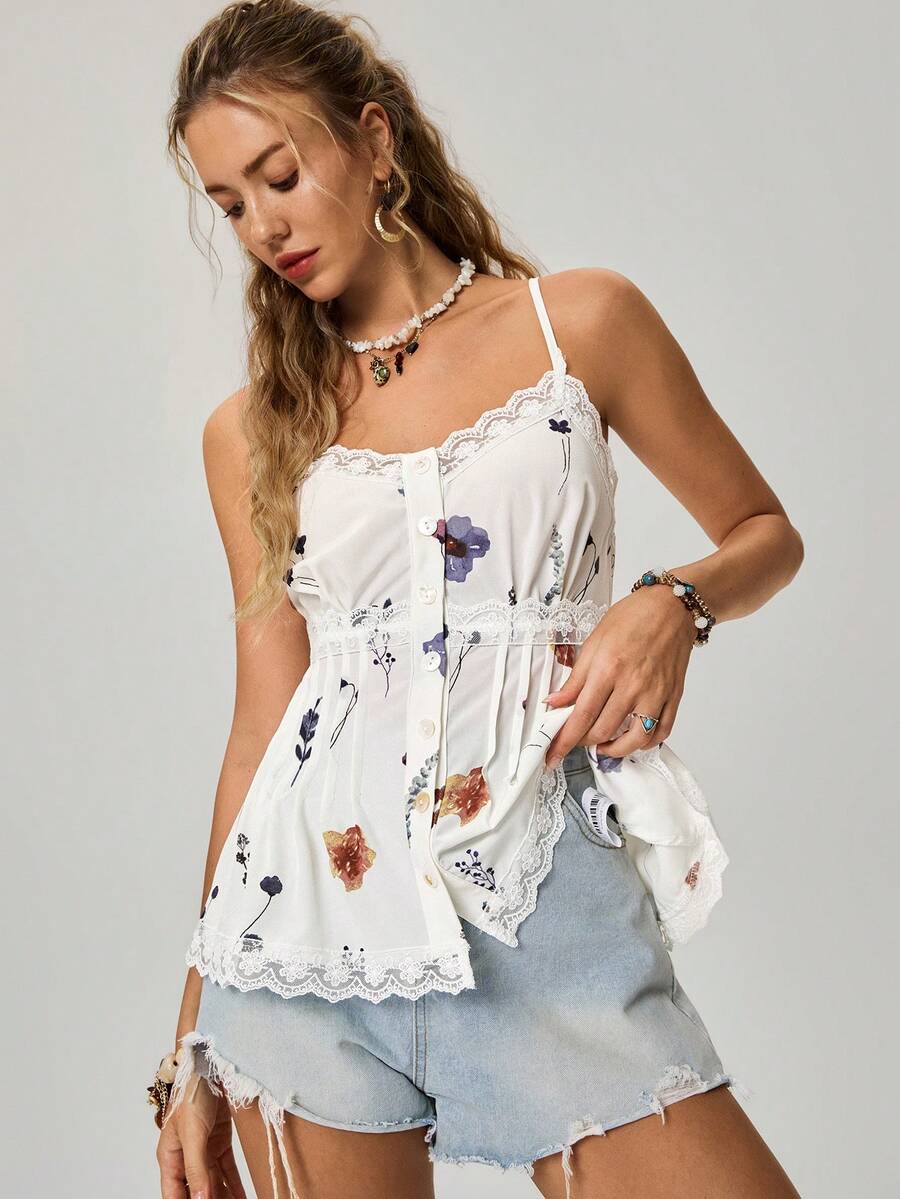 Freevana Áo hai dây nữ in hoa, cài cúc phía trước, phong cách mùa hè boho lãng mạn đồng quê.