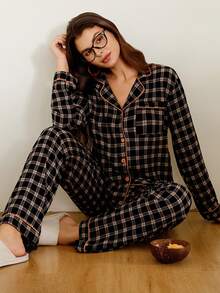 Doze Lane Bộ đồ ngủ dài tay và quần dài họa tiết kẻ caro dành cho nữ có cổ bo gân, đồ mặc nhà cho nữ, đồ ngủ cài nút dành cho nữ, đồ ngủ màu cà phê, quần áo thu đông - màu đen - Xem 6