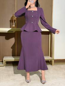 Modelyn 新款收腰优雅通勤水钻装饰鱼尾裙套装 - 卡其色 - 查看 6