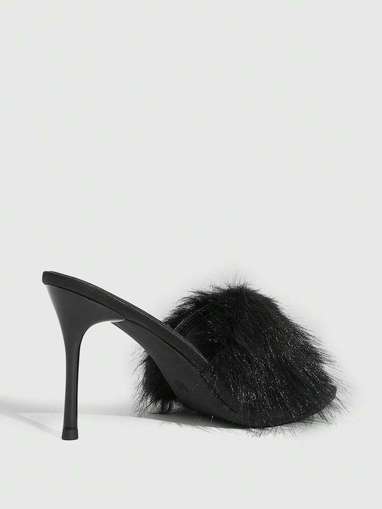 CUCCOO SZL Women's Pointed Toe Furry Patchwork Fashion Versatile High Heel Slide Sandals For Christmas
