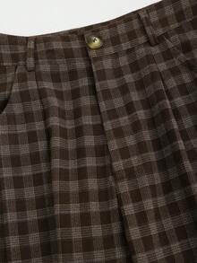 Sweetra 女士复古卡其格纹休闲通勤学生风直筒修身裤，秋冬款 - 卡其色 - 查看 4