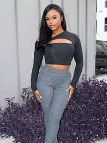 Steph T Casual Home Elastic Waist Ribbed Fluffy Ankles Slit Flared Pants, Navy Blue - Dark Grey - View 6