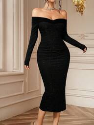 DAZY Kadınlar İçin Şık Parti Simli Omuzdan Bağlamalı Uzun Elbise