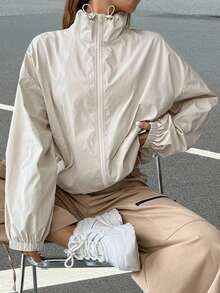 Muchica Zip Up Drop Shoulder Jacket In Fall/Winter - Beige - View 4