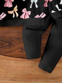 2 Peças Conjunto de Moletom com Capuz e Estampa de Laço e Legging Estampada para Menina Bebê 0-3 Anos, Adequado para Outono/Inverno, Uso Diário, Exterior, Doméstico, Básicos de Moda - Multicolorido - Visão 5