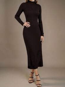 Modelyn 女式纯色简约长袖毛衣裙，休闲日常穿着 - 咖啡棕 - 查看 1