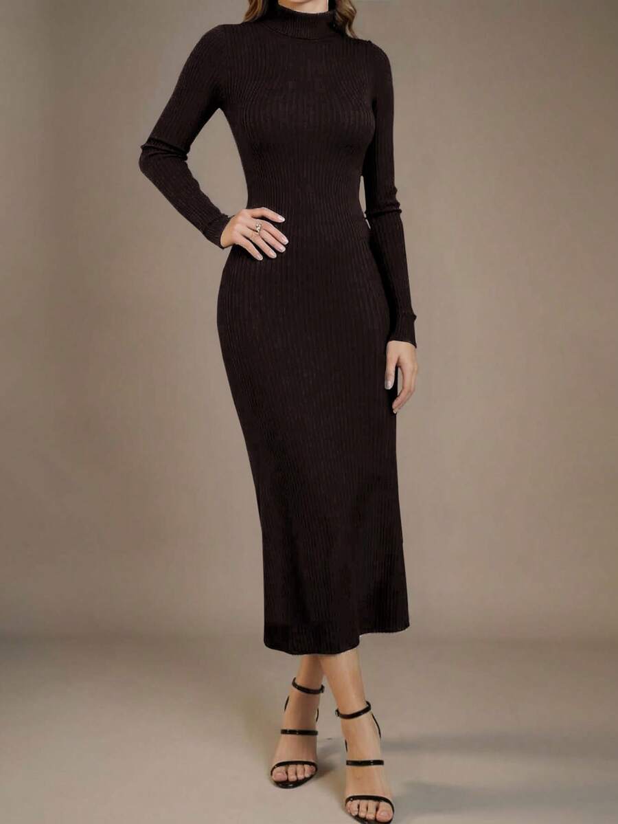 Modelyn 女式纯色简约长袖毛衣裙，休闲日常穿着 - 咖啡棕 - 查看 1