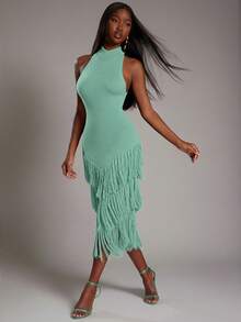 NYA SZN 无袖高领流苏修身罗纹针织连衣裙，弹力面料，适合特殊场合、度假、婚礼、外出、机场等，可爱复古风，秋冬季通勤皆宜，女士必备单品 - 淺藍色 - 查看 7