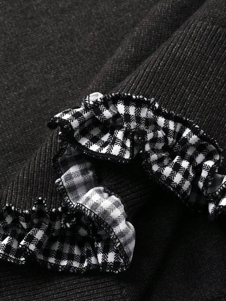 Women's Elegant Formal Patchwork Plaid Ruffle Trim Polo Collar Short Sleeve Knit Top, Suitable For Spring And Autumn