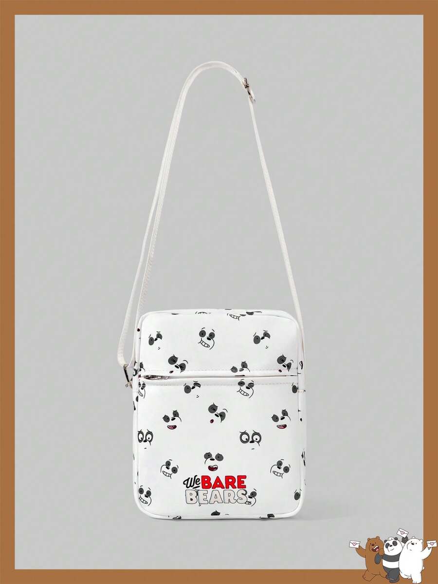 We Bare Bears X SHEIN 字母和卡通图案可爱斜挎包 - 黑與白 - 查看 1