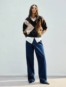 Maija 女士都市几何格纹艺术线条V领宽松休闲柔软蓬松毛衣，优雅百搭，适合感恩节、圣诞节、新年派对、婚礼宾客等场合，休闲时尚基础款外套 - 彩色 - 查看 3