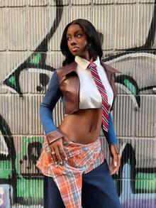 Modviera Damen elegante vielseitige Reißverschluss-Patchwork Langarm Kurzblazer, geeignet für Urlaub, Partys und Dates, Herbst/Winter - Verschiedenfarbig - Übersicht 3